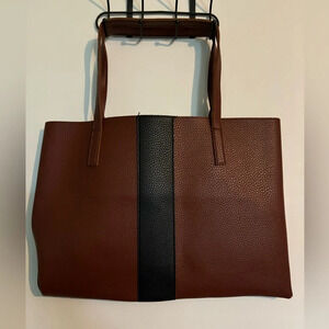 Vince Camuto Luck Tote Brown Vegan Leather with‎ Black Accent Stripe Drop Pocket